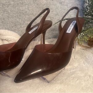 Chocolate brown sling back clear‎ toe heels